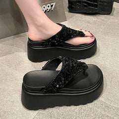 8 Cm Waterproof Platform Bling Designer Brand Flip-flops Clip Toe Platform Sandals Comfortable Beach Shoes