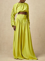 Vintage O Neck Long Sleeve Short Top High Waist A Line Skirts Suits Solid Loose Two Piece Set