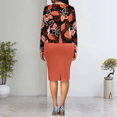 Casual Elegant Floral Print Round Neck Long Sleeved Slit Office Lady Dress