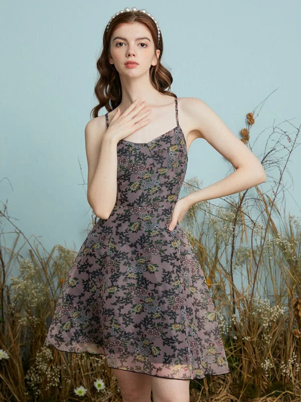 Floral Print Adjustable Strap Open Back Dress