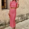 Chic Geometry Print Puff Sleeve O Neck Backless Top And Skirt 2 Piece Set