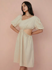 Solid Cut Out Asymmetrical Neck Puff Sleeve Dress