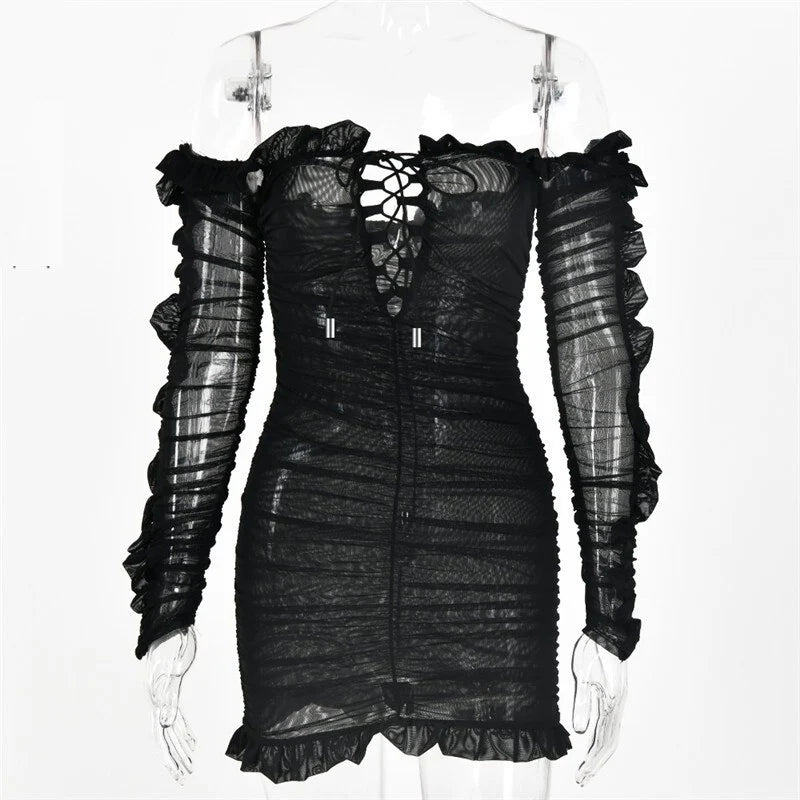 Off-Shoulder Ruffle See Through Skinny Party Bodycon Dresses