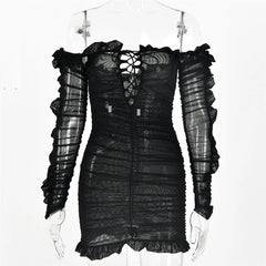 Off-Shoulder Ruffle See Through Skinny Party Bodycon Dresses