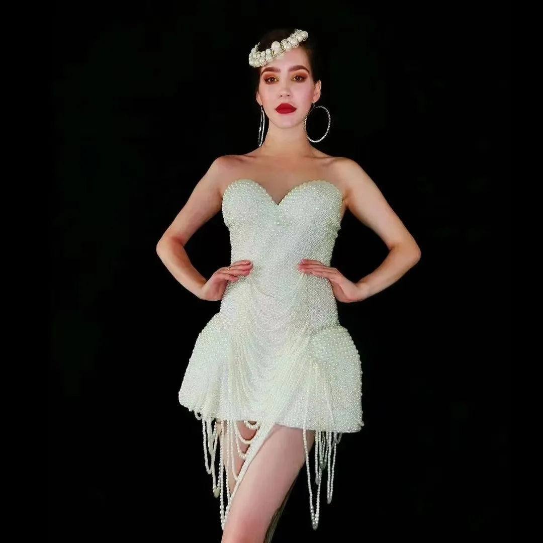 Luxury Elegant Strapless Pearl Skirt Concert Bodycon Mini Dress