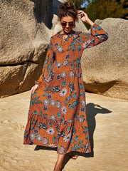 Long Sleeves Floral Print Jewel Neck Cotton Floor Length Dresses