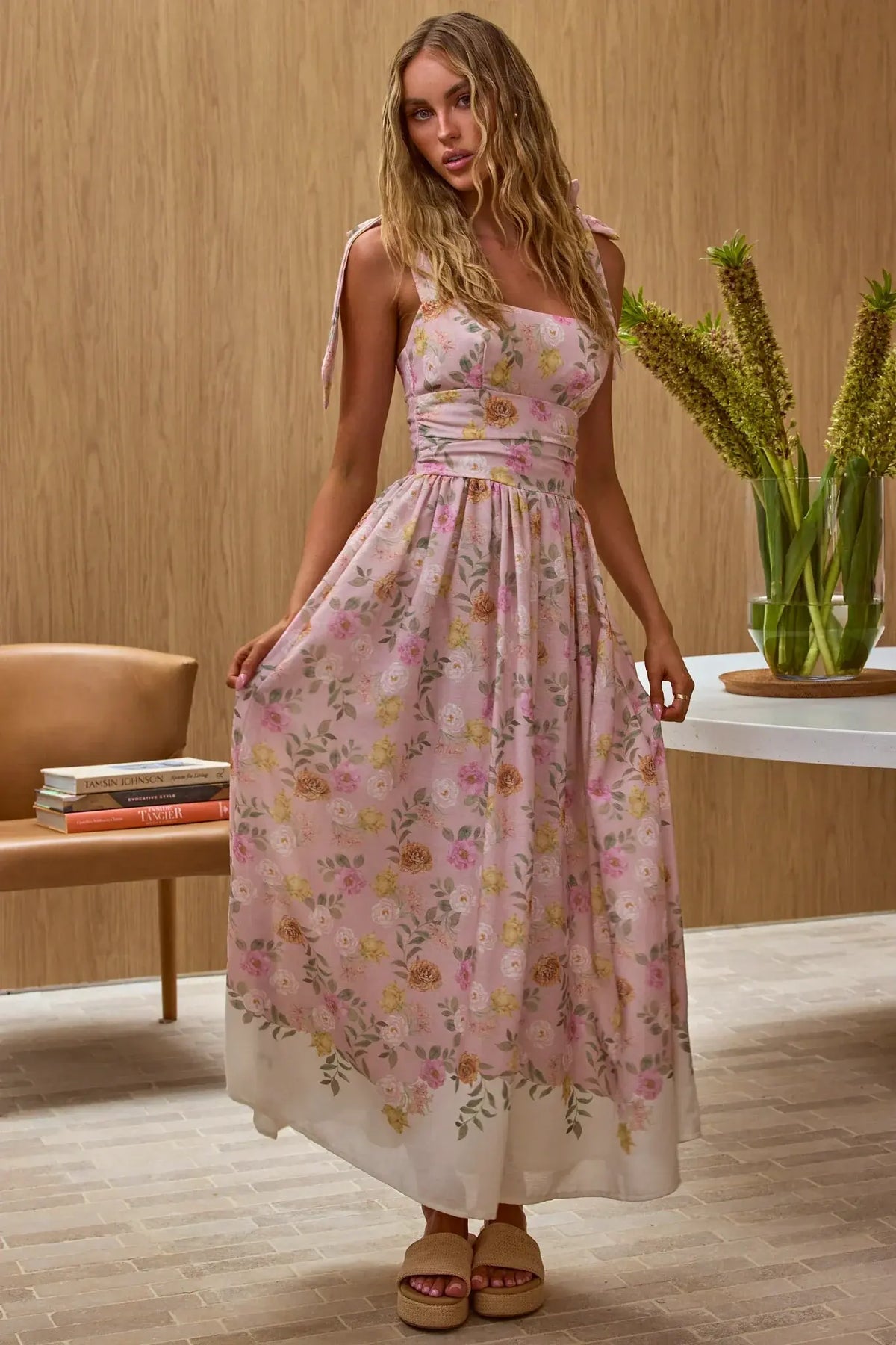 Dua Tied Shoulder Maxi Dress Floral Peach