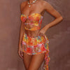 Casual Floral Print Strapless Twisted Hollow Out Tank Tops Flutter Belt Short Skirt Two Piece Set