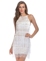 Print Halter Outfits Backless Short Warp Tassel Dress