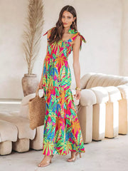 Bohemian Floral Print Shirred Backless Maxi Slip Dress Resort Wear