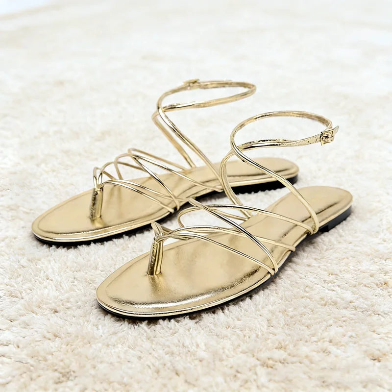 Gold Narrow Strap Cross Strap Design Flat Sandals Flip Flops Elegant Ankle Strap Dress Shoes