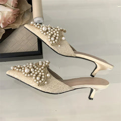 Comfortable Design String Beads Pointed Toe Mules Slippers Thin Low Heel