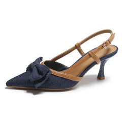 Denim Bow knot Sandals Pointed Toe Back Strap thin Heel