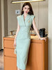 Elegant Turn-Down Collar Office Solid Notched Neck Pencil Midi Dress