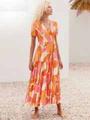 V Neck Floral Print A Line Long Dress