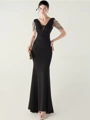 Luxury Backless Lace Rhinestone Vestidos Maxi Dress
