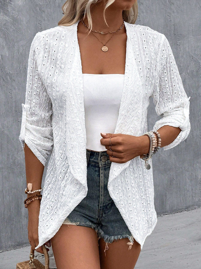 Women’s Cardigan – Crochet Knit – Open Front – Relaxed Fit – 3/4 Sleeve Layering