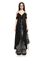 Ruffle V-neck Irregular Mesh See Through Sleeveless Chic Mid-length Dress