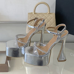 Square Toe Crystal PVC Transparent Sandals High Heel