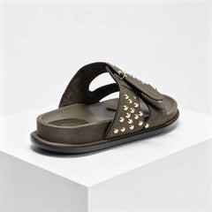 Luxury Metal Rivet Designer Flat Sandals Double Buckle Platform Slippers Outdoor Beach Shoes