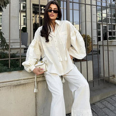 Embroidered Lantern Sleeves Shirt Trouser Suits Pocket Turn-Down Collar Lady Sets