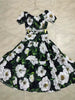 Flower Print Off The Shoulder Short Sleeve Top High Waist A Line Folds Skirts Two Piece Set