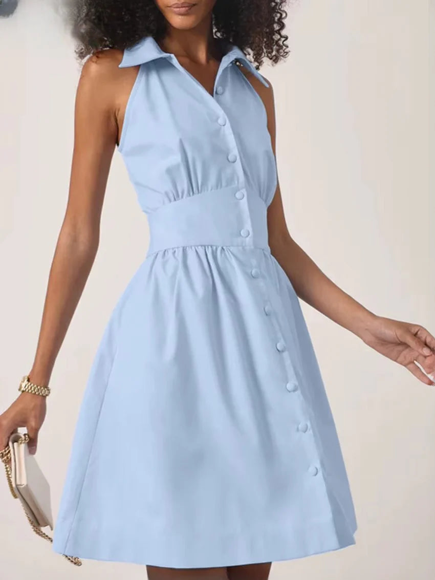 Elegant Lapel Sleeveless Classic Solid Single Breasted Mini Dresses