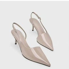 Black High-heeled Sandals with Pointed Tips and Elegant  Patent Leather Strappy Fashionable Party Shoes