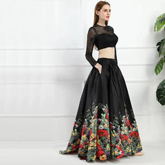 Flowers A-Line Two Pieces Satin Prom Dress