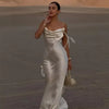 Elegant V-Neck Spaghetti Strap Stain Ruffles Sling Backless Ribbon Hip Package Long Maxi Dress