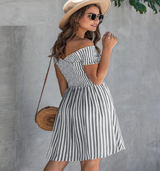 Casual Striped Off Shoulder Short Sleeve Striped Mini Dress