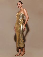 Luxury Strapless Flower Glitter Sequins Sleeveless Evening Party Long Bodycon Midi Dress