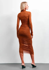 Elegant Mesh Patchwork Elastic Solid High Neck Long Sleeve Dress