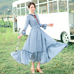High Waist Print Long Maxi Flare Flower Dress With Belt