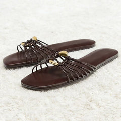 Brown Narrow-Strap Woven Design Flat Slippers Light Comfortable Sandals for Wome Metal Decorations Beach Shoes