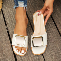 Designer Flat Slippers Leather Square Toe Flats Flip Flops Designer Ladies Slides Sandals Luxury Sandals