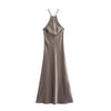 Casual Backless Solid Satin Sleeveless Halter Neck Slim Evening Party Maxi Dress 