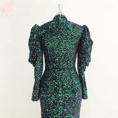 Elegant High Neck Long Puff Sleeves Mermaid Velvet Sequin Wedding Prom Evening Party Gowns
