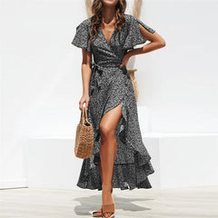 Bohemian V-Neck Irregular High Waist Lace-up Chiffon Print Casual Beach Long Dress