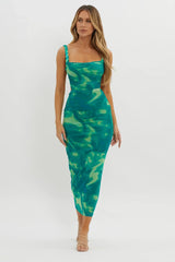 Dream Crush Lace-Up Back Side Split Maxi Dress Swirl Green