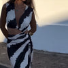 Elegant Printed Hollow V-Neck Tie Pleated Irregular Slim Maxi Dress