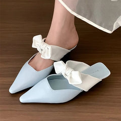 Sweet Butterfly-knot Low-heeled Slippers Elegant Pointed Toe Slingback Slide Sandals Comfort Concise Designer Office Shoes