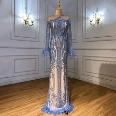 Long Sleeve Feathers beaded Evening Dresses