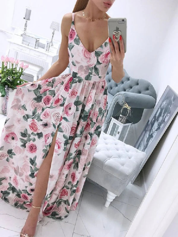 Maxi Dresses Sleeveless Printed V-Neck Split Front Maxi Floor Length Dress