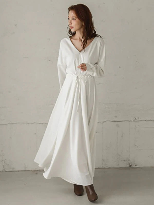 Maxi Dress V-Neck Cotton Retro Pleated Floor Length Dress