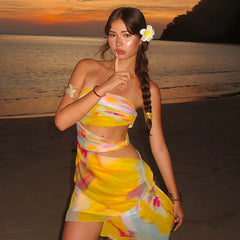 Elegant Slash Neck Tie Dye Print Backless Pullover Strapless Hollow Out Sleeveless Mini Dress
