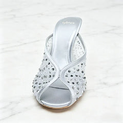 Mesh Rhinestone Detail Mules Sandals Peep Toe High Heel