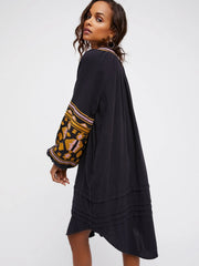 Boho Ethnic Puff Long Sleeve Embroidered Shift Dress