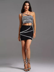 Rhinestone Asymmetrical Design One Shoulder Bodycon Mini Dress