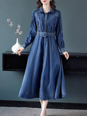 Long Maxi Full Sleeve With Belt Denim Dress